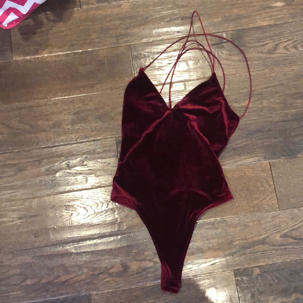 Red velvet strapppy never worn before body suit
